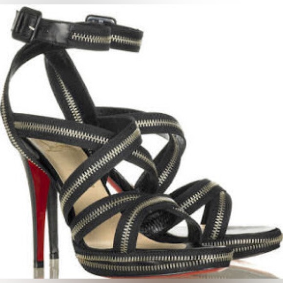 Christian Louboutin Black Open Toe Sling Sandal Heels 37 7.5 Rodita Zipper RARE - Picture 8 of 8
